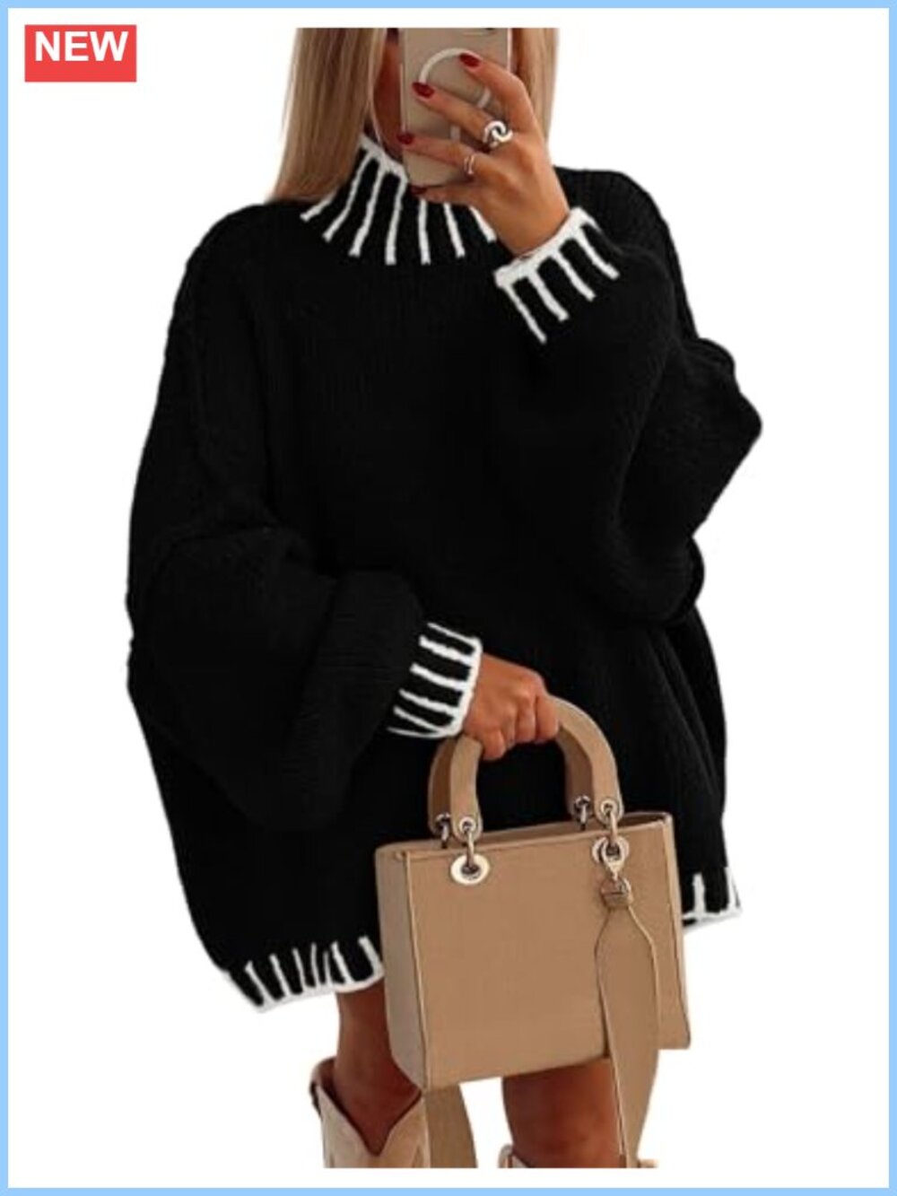 Mock Neck Oversized Pullover Sweater Chunky Knit Tunic Long Sleeve